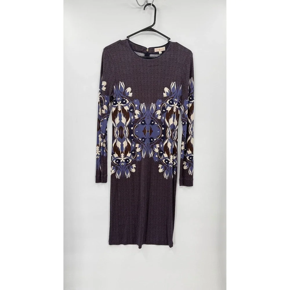 Tory Burch M Midi Sheath Dress Womens Purple Blue Medallion Floral Long Sleeve